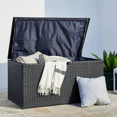 Glitzhome Patio 140 Gallon 52.75"W Oversize Black Wicker Storage Bench Deck Box - 52.75"W x 29"D x 26"H