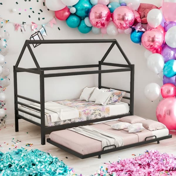 slide 2 of 18, Kids and Baby Twin Size Metal House Shape Platform Bed With Trundle