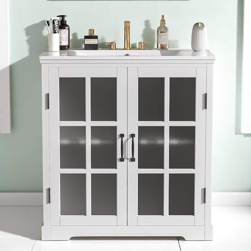 30" Modern Bathroom Vanity with Ceramic Sink, Tempered Glass Doors, Matte Black Handles & Rubber Wood Frame - White
