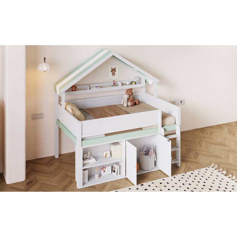 Roomfitters Full Size Loft Bed with House Canopy Roof and Storage Cabinet