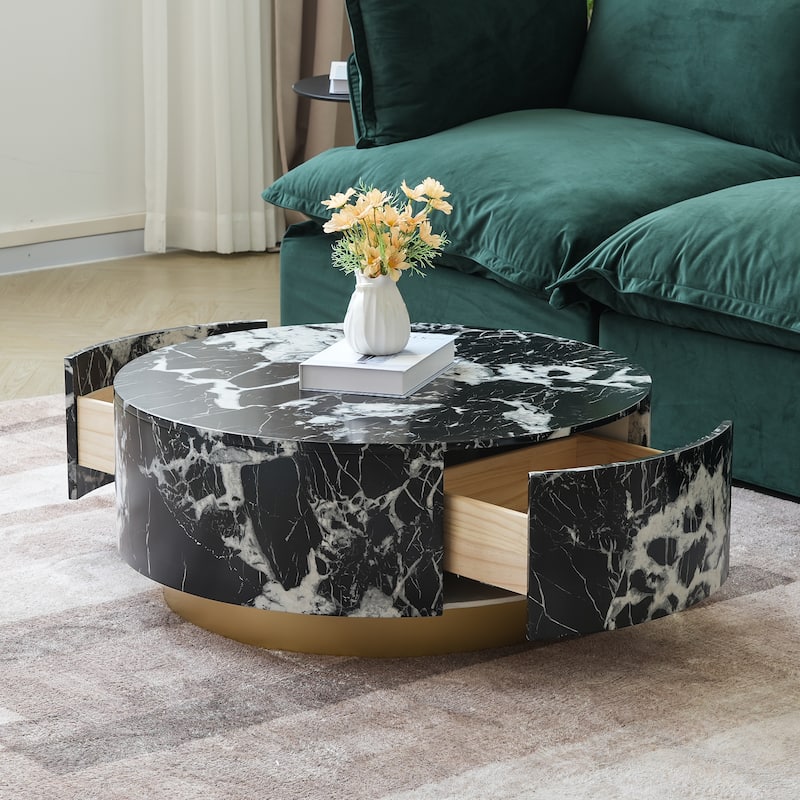 33.5 in Round Marble Top Modern Minimalist Coffee Table with Drawers