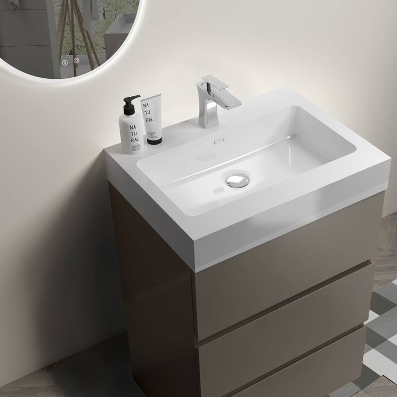 GDFStudio - Alice Walnut Freestanding Bathroom Vanity with One-Piece Matte Black Sink, Modern Handle-Free Design, Pre-Assembled