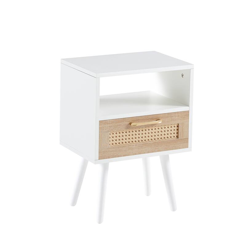 15.75" Rattan End table with drawer and solid wood legs,Modern nightstand,side table for living room,bedroom