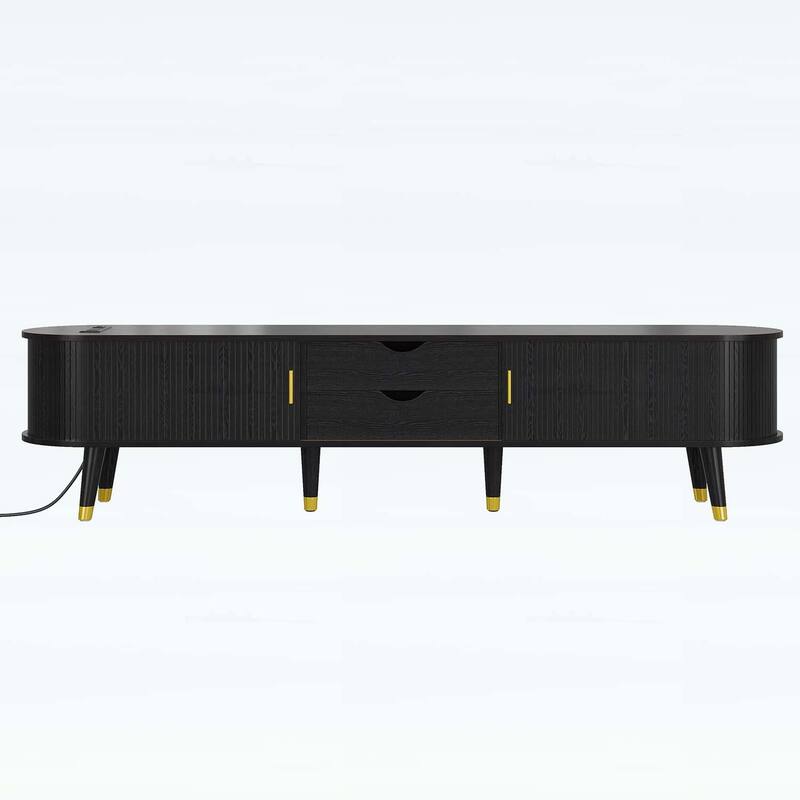 Farmhouse TV Cabinet with Charging Station,Sliding Tambour Door,and Ample Storage for Modern Living Rooms - Black