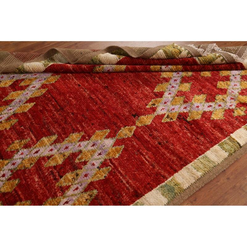 Hand Knotted Oriental 100% Wool Carpet Modern Geometric Red Moroccan Area Rug - 8' 2'' X 5' 5''
