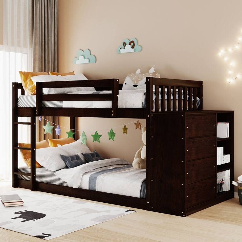 Twin over Twin Bunk Bed with 4 Drawers and 3 Shelves - Espresso