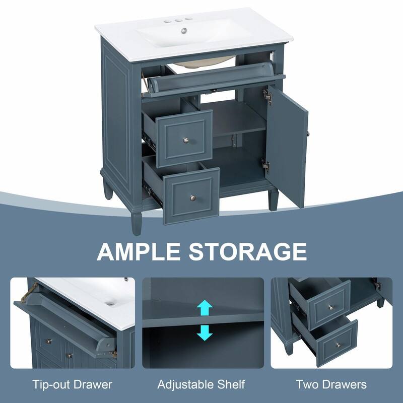 30 Inch Bathroom Vanity with Sink, Modern Vanity Cabinet with One Flip Drawer and Two Storage Drawers