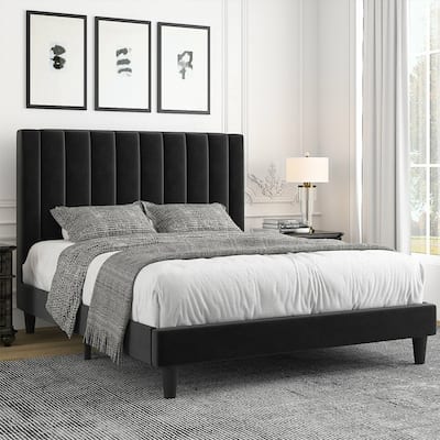 Full Bed Frame/Velvet Upholstered Bed Frame W/ Tufted Headboard, Black