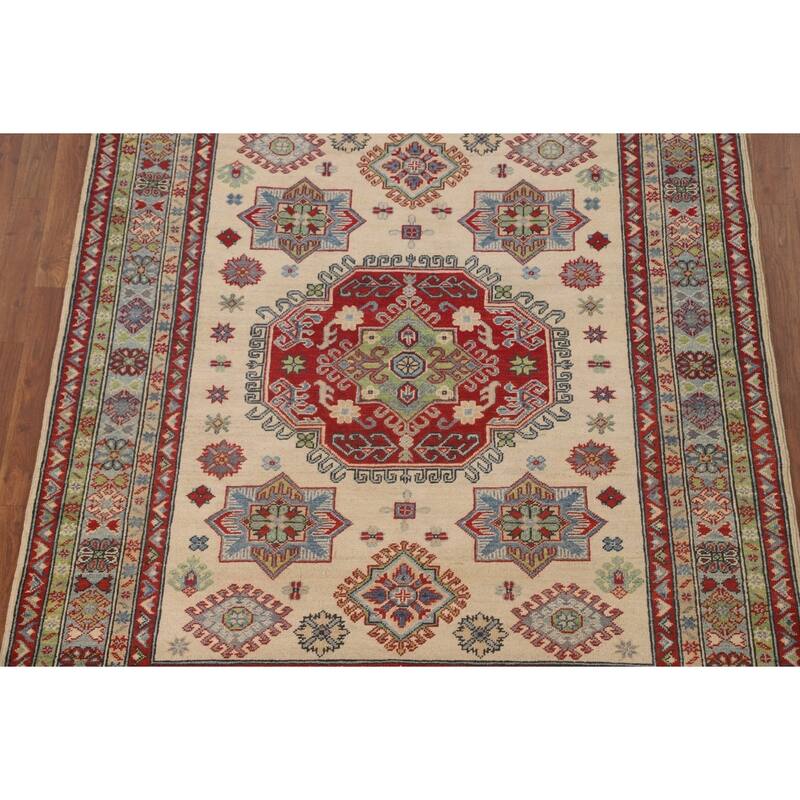 Geometric Beige Kazak Area Rug Handmade Wool Carpet - 5'1" x 6'4"