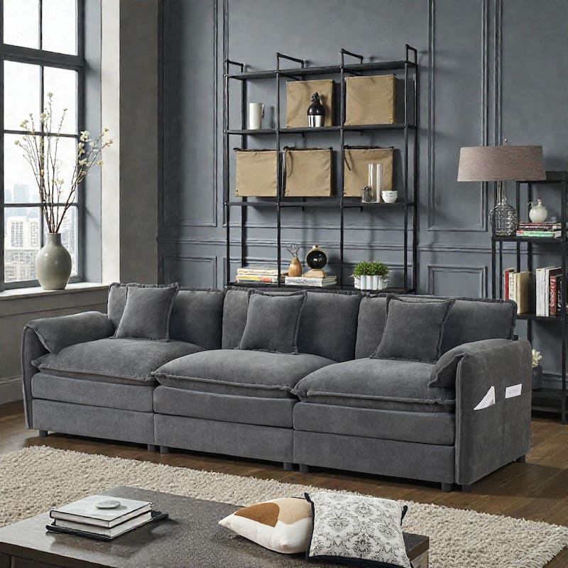 Oversized Deep Seat Sectional Sofa, Modern Chenille Cloud Couch, 3 Seater Modular Sofa with Pillows - Grey