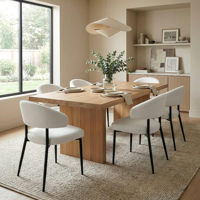 Set of 2 Ayoka White Boucle Dining Chairs with Black Iron Legs