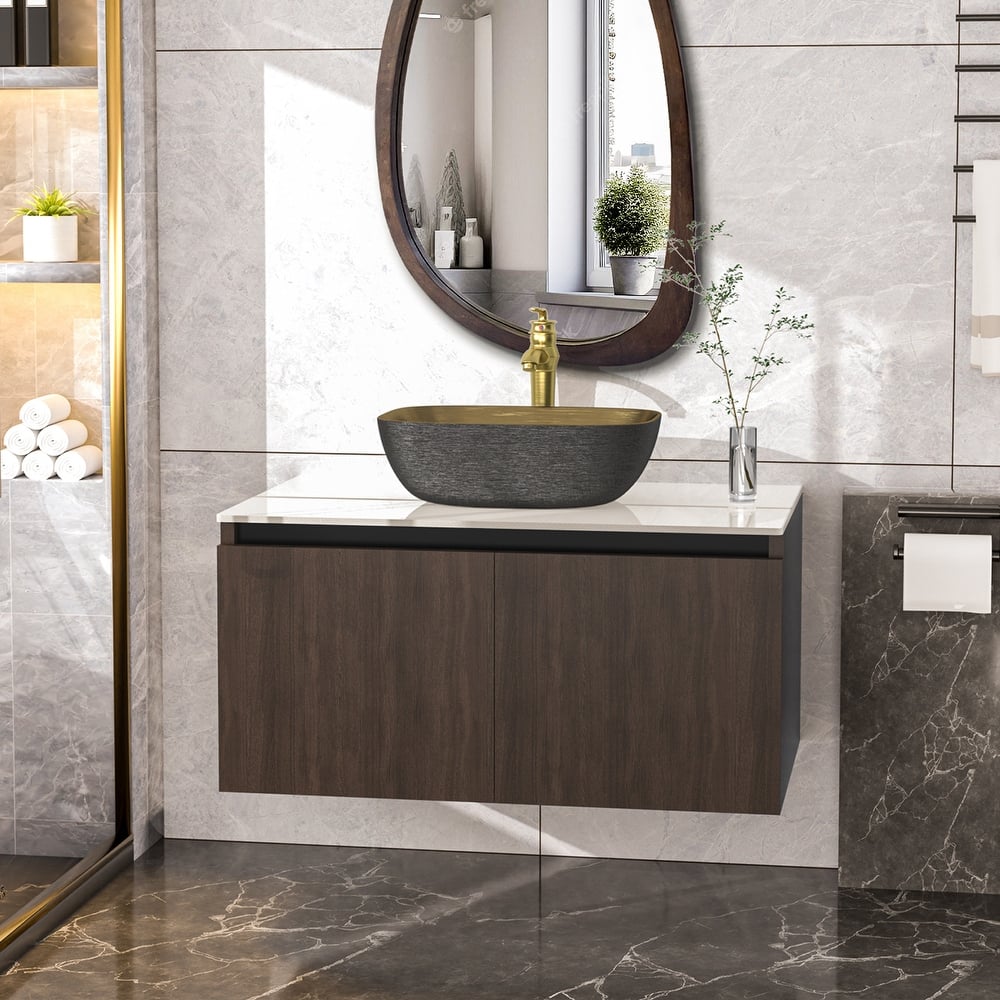 Vintage Vanity Set Wall Floating Bathroom Vanity Sink with Ceramic Basin Faucet Hoses