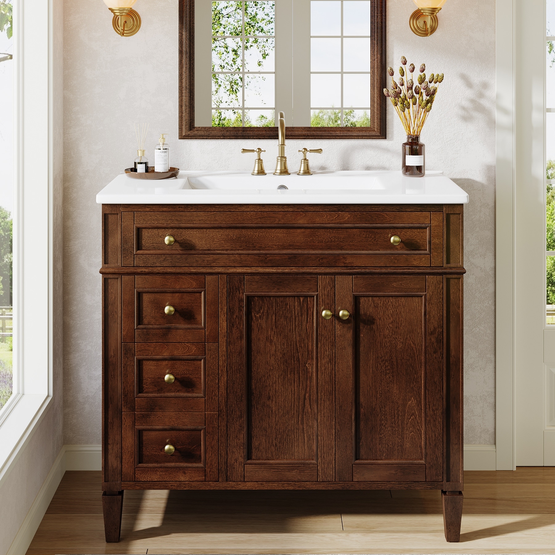 36" Bathroom Vanity with Sink, Modern Bathroom Sink Cabinet with 4 Drawers & 2 Doors, Solid Wood Frame