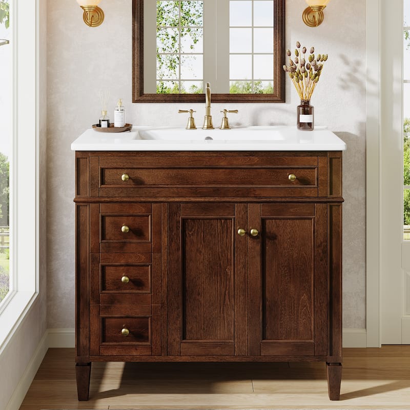 36'' Freestanding Bathroom Vanity with Integrated Ceramic Sink, Tip-Out Drawer, Door Organizer - 36" - Brown
