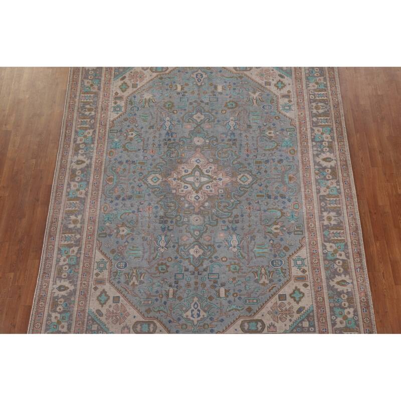 Geometric Blue Tabriz Persian Antique Area Rug Handmade Wool Carpet - 8'0" x 10'10"