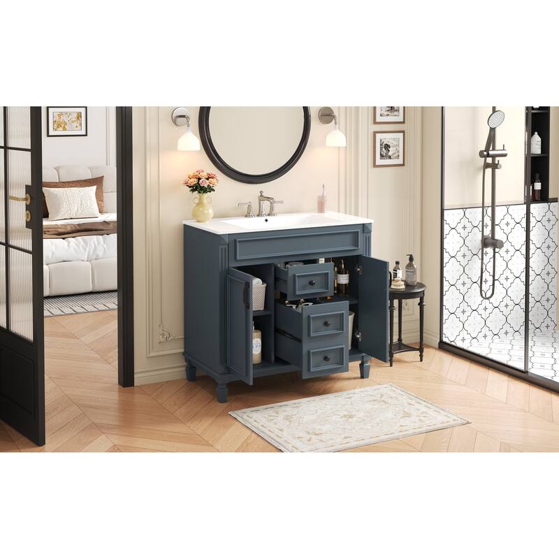 GDFStudio - Carrinford Modern Freestanding Bathroom Vanity with Ceramic Sink and 2 Soft Closing Doors & 2 Drawers