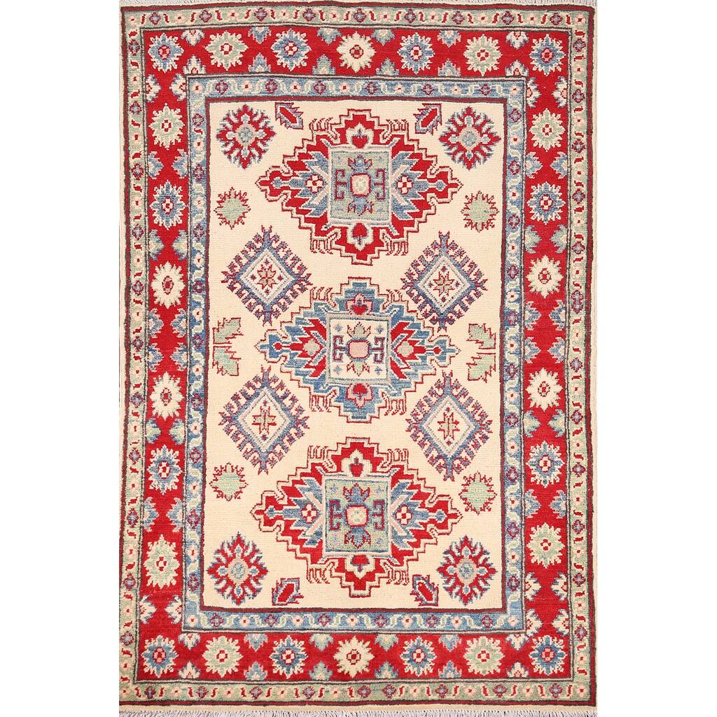 Ivory Geometric Kazak Oriental Accent Rug Handmade Wool Carpet - 3'3" x 5'0"