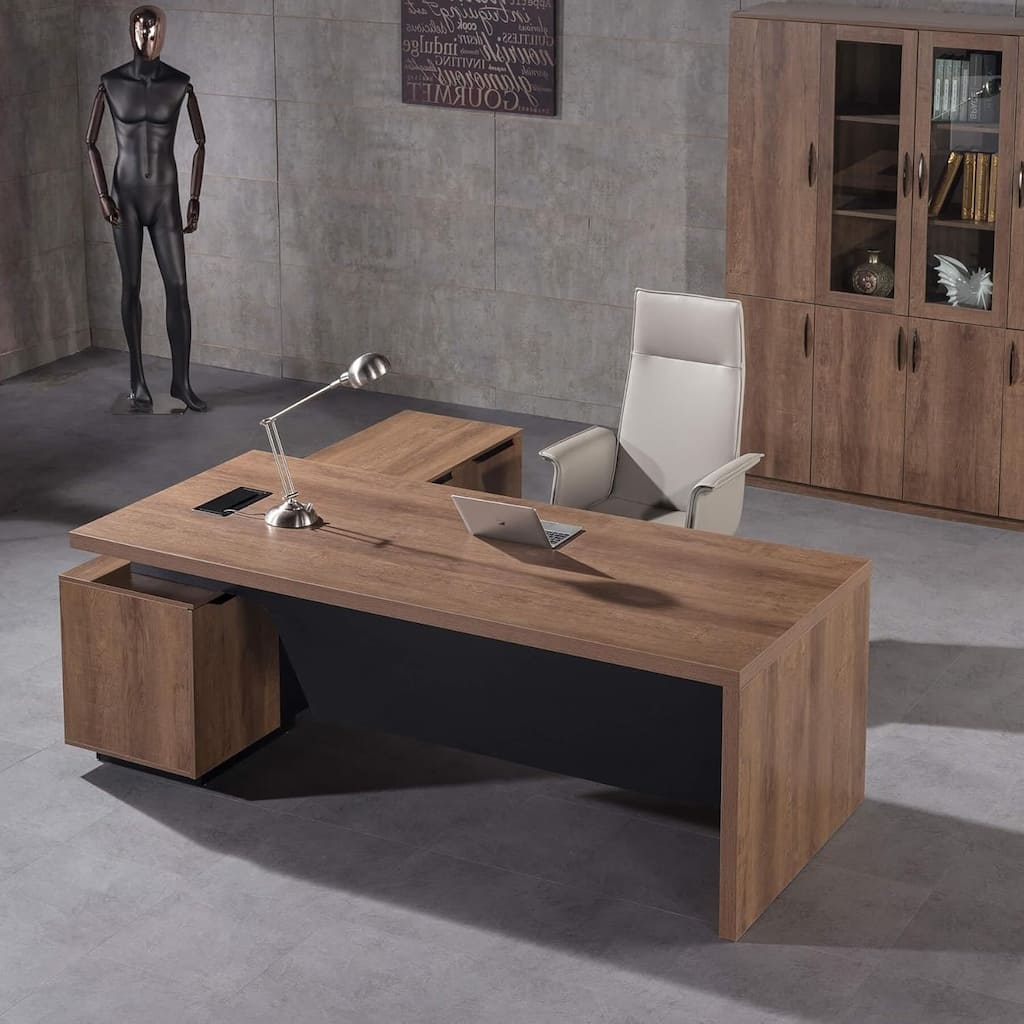 WESOME Retractable L-Shaped Executive Desk with Cable Management Drawers and Lateral File Cabinet