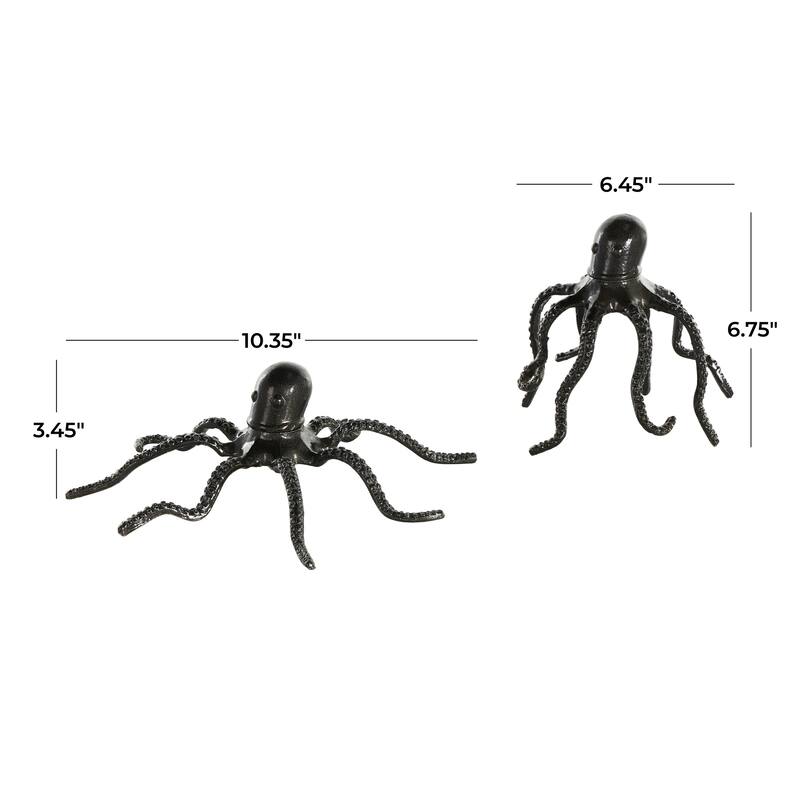 Black Aluminum Metal Octopus Decorative Sculpture with Textured Tentacles (Set of 2)