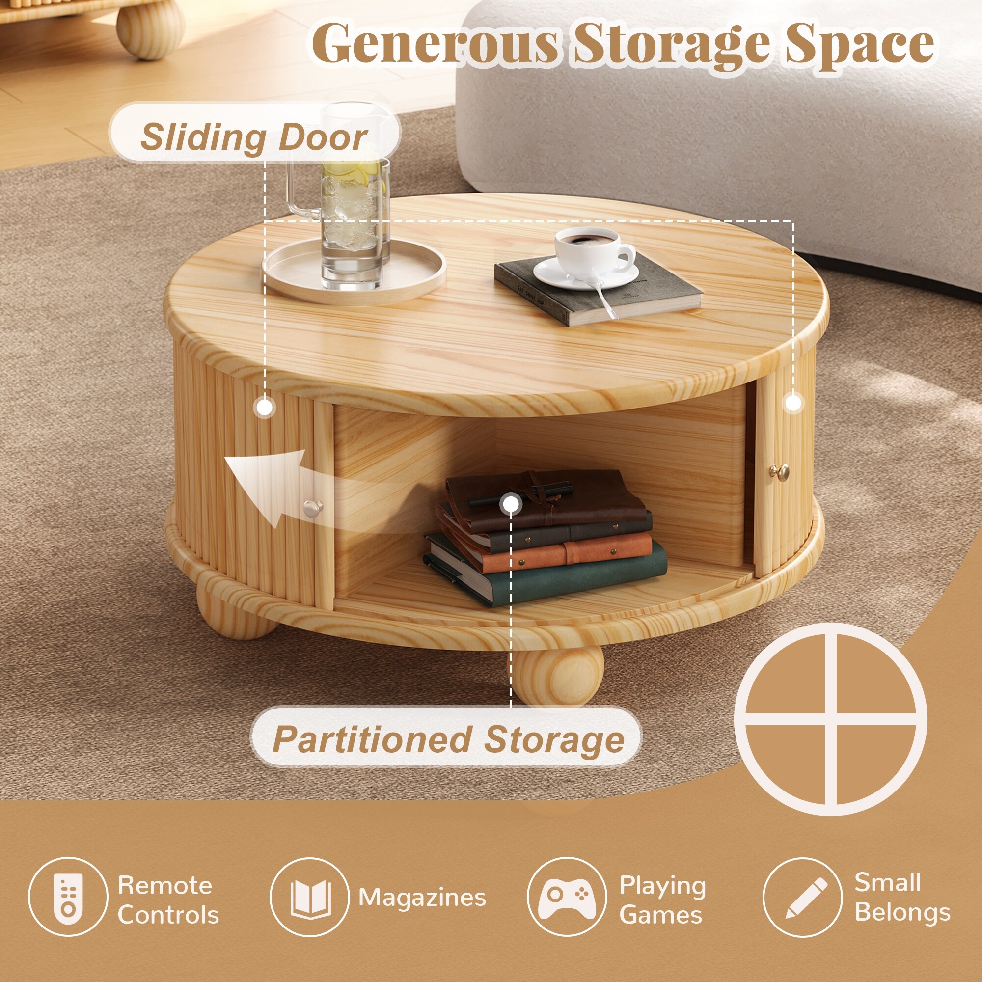 Round Fluted Coffee Table with Storage, Pine Solid Wood, Sliding