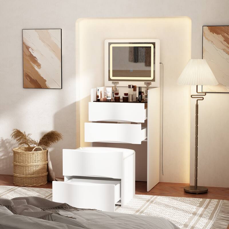 Makeup Vanity Table with Stool and LED Mirror 3-Color Lighting