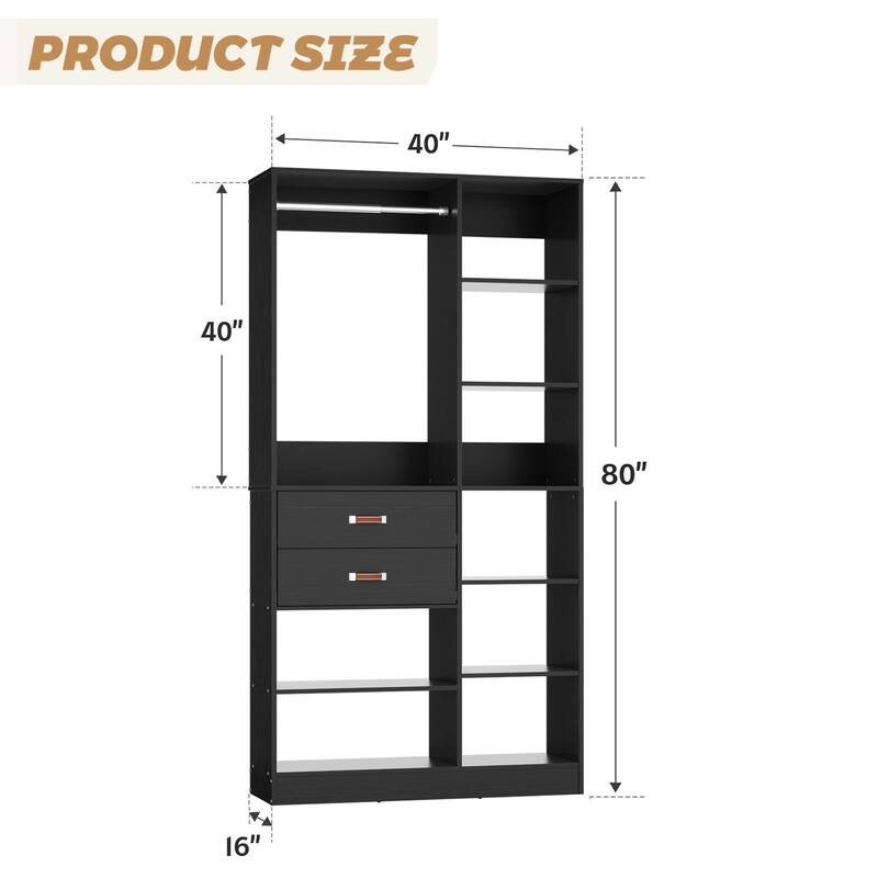 40'' Large Closet System with 10 Shelves and 2 Drawers, Freestanding Closet Organizer with Hanging Rods