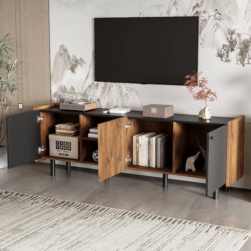 TV Stand with 3 Cabinets, Media Console Table with Open Storage Compartments, Entertainment Center with Metal Legs