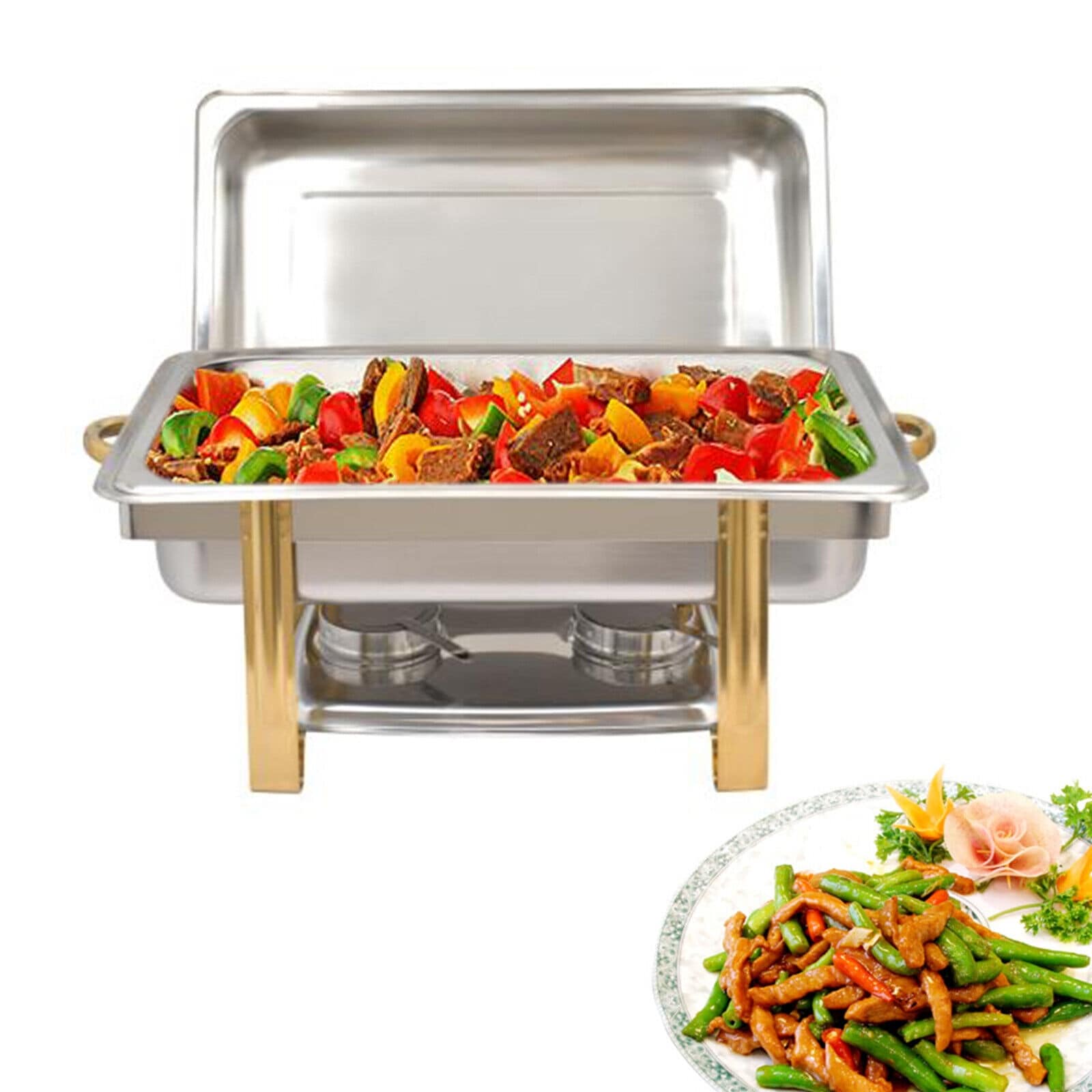Latest Style Hot Food Warmer Buffet Server Equipment Rectangular Roll Top  9L Gold Stainless Steel Chafing Dishes For Party