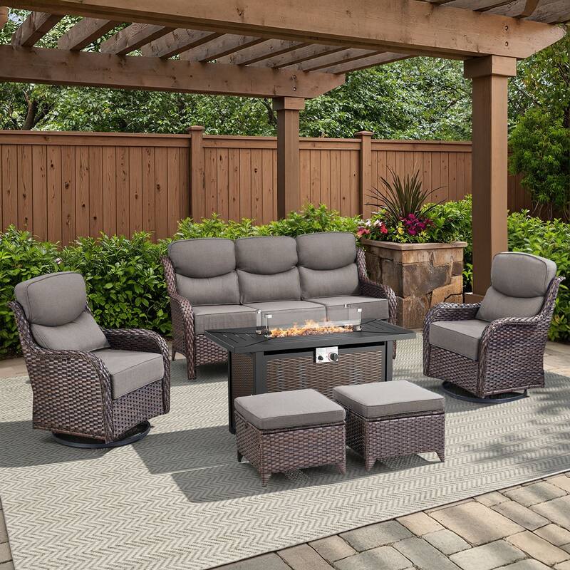 Arcadia 6-Piece PE Wicker Patio Seating Set with Durable All-Iron Fire Pit and 6-Inch Cushions - Gray Cushions - Brown Wicker