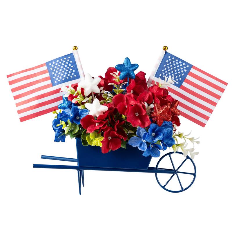 Glitzhome 14"L Patriotic/ Americana Hydrangea Metal Wagon Centerpiece
