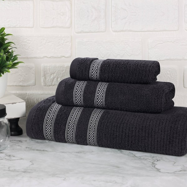 Superior Brea Zero Twist Cotton Ribbed Modern 3 Piece Bathroom Towel Set - Black