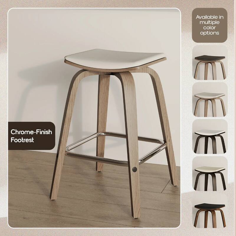 Pelya Leather Swivel Square Counter Stool with Wood Legs and Chrome Footrest for Kitchen Island or Dining Area Set of 2