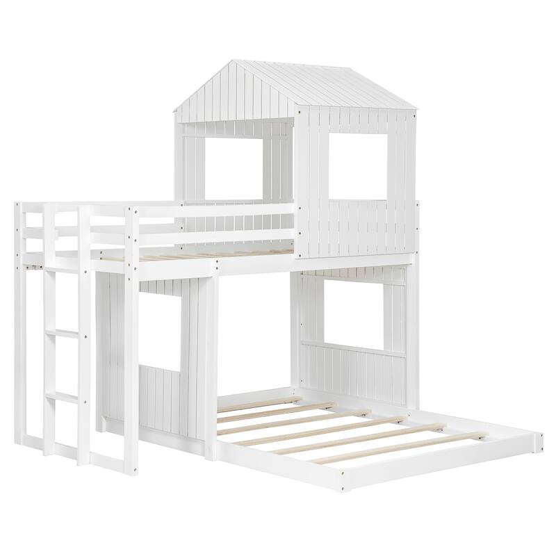 Roomfitters Wooden Twin Over Full Bunk Bed with Playhouse Design, Farmhouse Loft Bed with Ladder & Guardrails