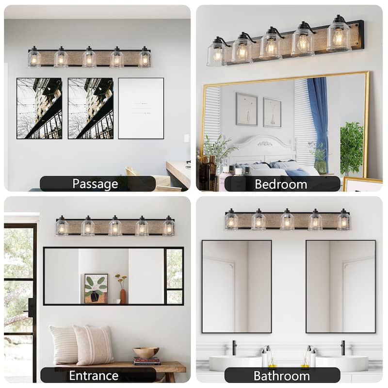 40" Farmhouse Vanity Light Fixture, 5-Light Bathroom Wall Sconce with Clear Seeded Glass Shades, Black and Wood Grain Finish