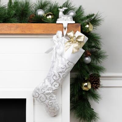 19in White and Silver Filigree Christmas Stocking with Bows