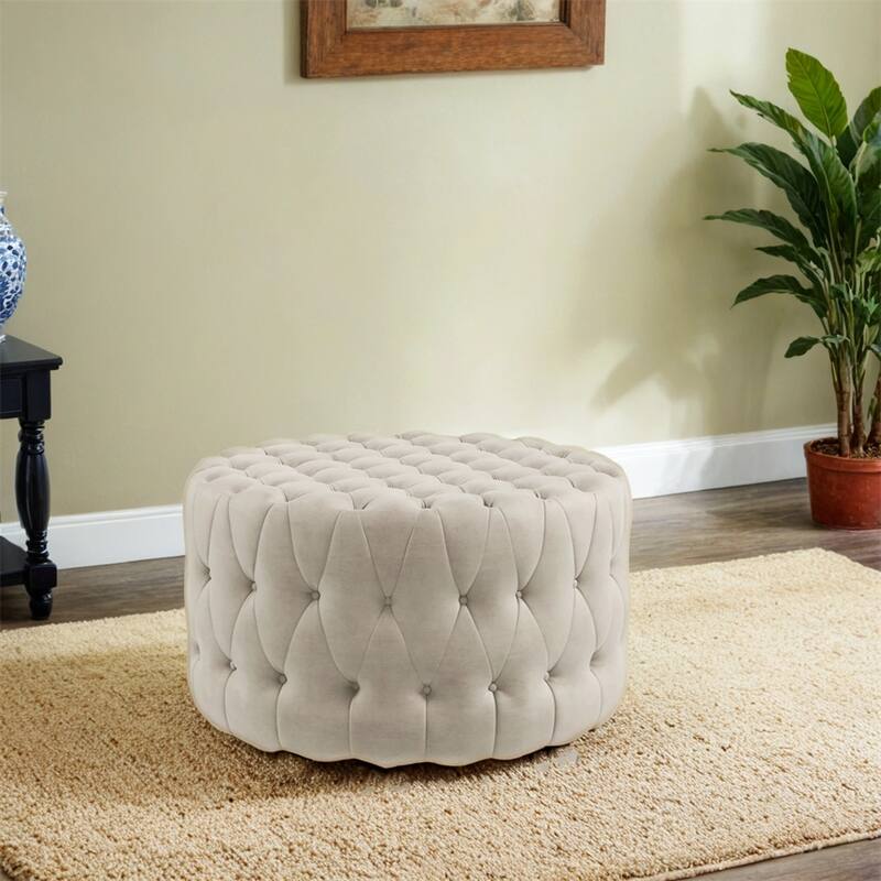 31.5" Round Ottoman,Velvet-Feel Upholstered Foot Stool w/Button Tufted - Beige