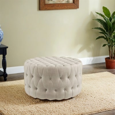31.5" Round Ottoman,Velvet-Feel Upholstered Foot Stool w/Button Tufted - Beige