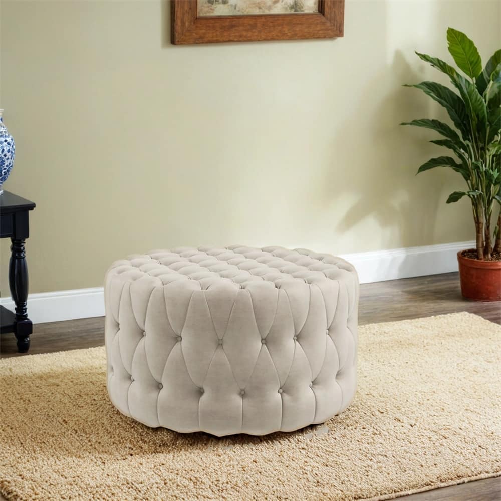 31.5" Round Ottoman,Velvet-Feel Upholstered Foot Stool w/Button Tufted - Beige