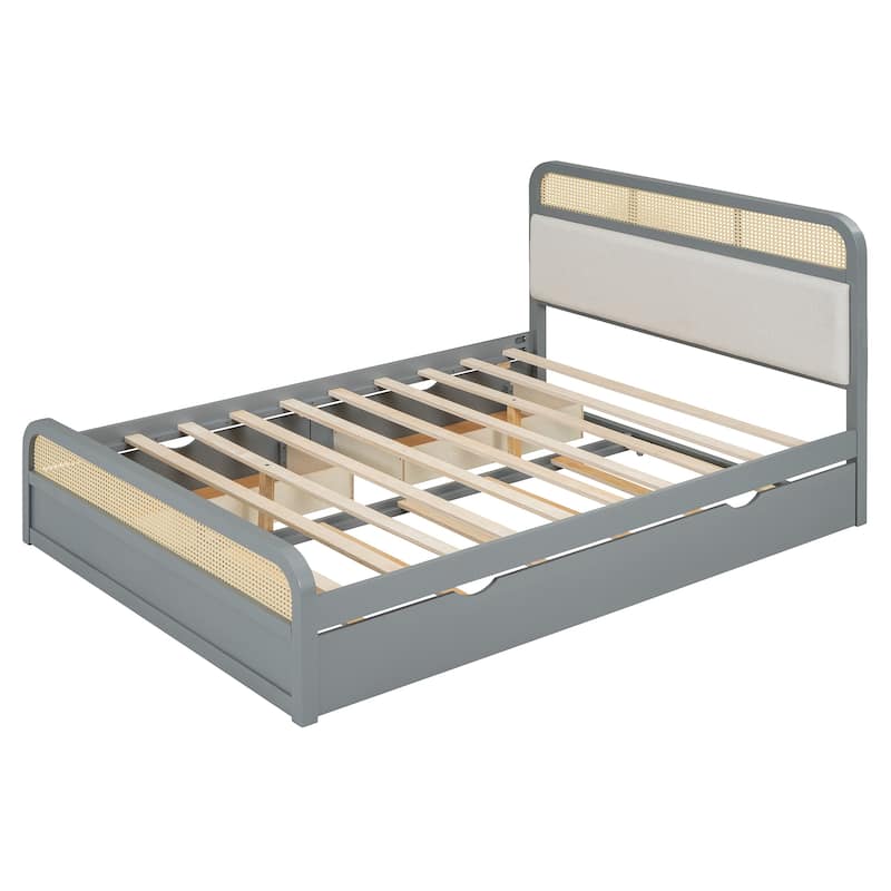 Modern Queen Size Wooden Platform Bed with Trundle and 2 Drawers for Bedroom