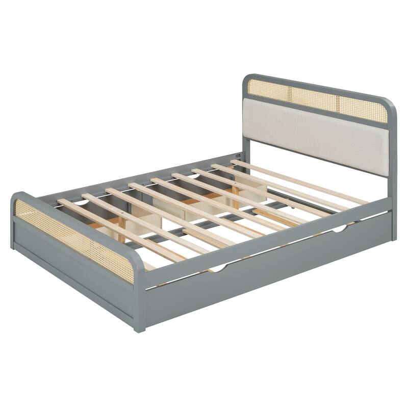 Queen Wooden Platform Bed with Trundle, 2 Drawers, Padded Headboard & Rattan Details
