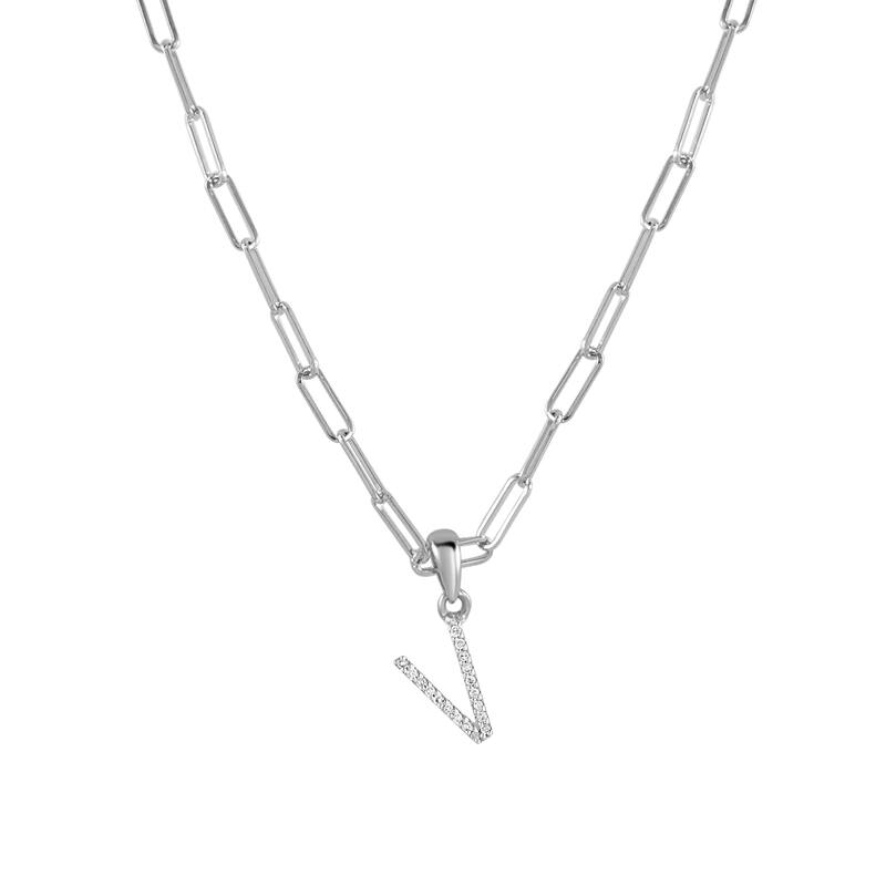 Joelle Collection Diamond Initial Letter Necklace Paperclip 14K Gold 16-inch Chain 1/10 TDW Necklace - V - White
