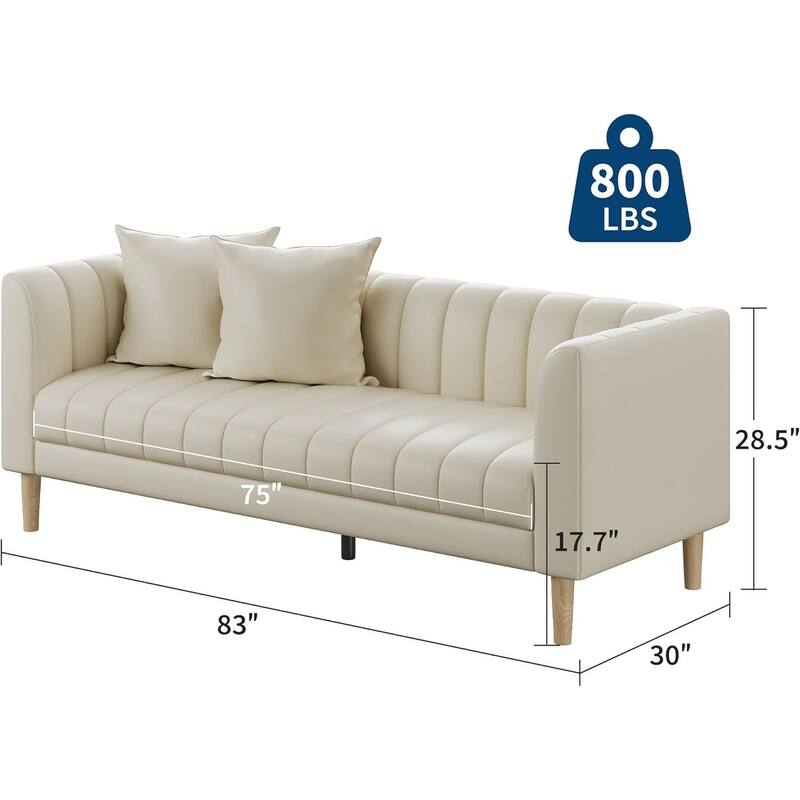 Faux Leather Sofa Couch, Modern 83" W Sofa with Deep Seats, 3 Seater Sofa Couch with 2 Throw Pillows and Wood Legs