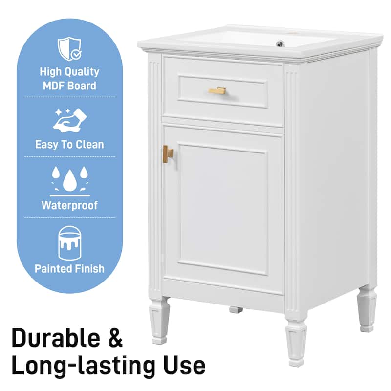 20" Bathroom Vanity with Sink, Solid Wood Legs, Adjustable Shelf, Tilt-Out Drawer, Zinc Alloy Knobs
