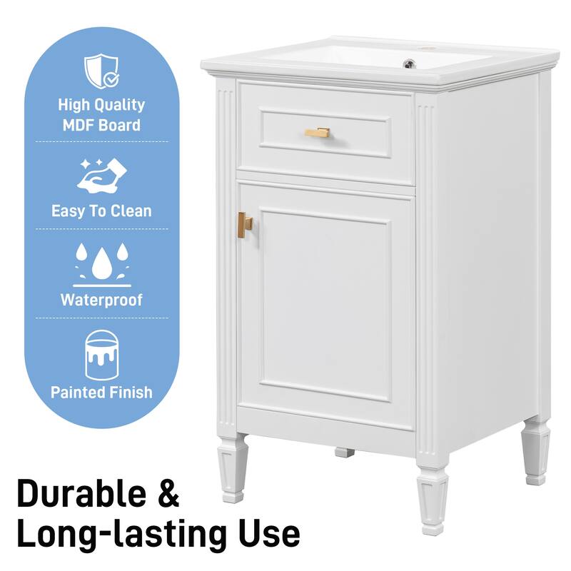 Roomfitters 20" Bathroom Vanity with Sink, Solid Wood Legs, Tilt-Out Drawer & Adjustable Shelf