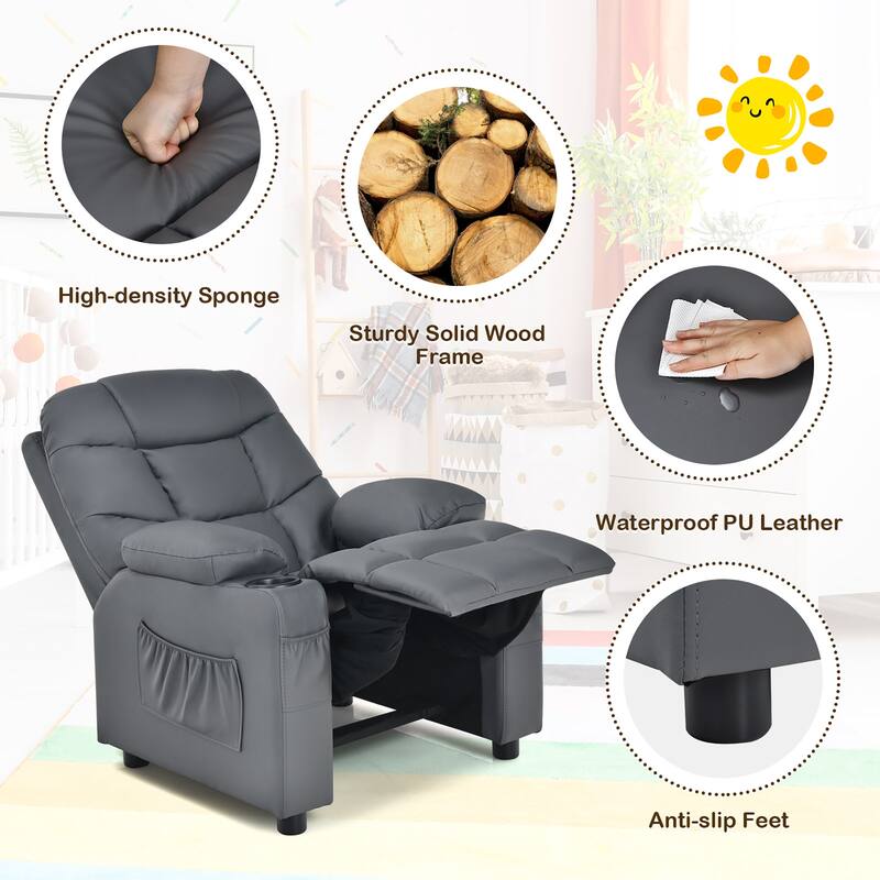 Costway Kids Youth Recliner Chair PU Leather w/Cup Holders & Side