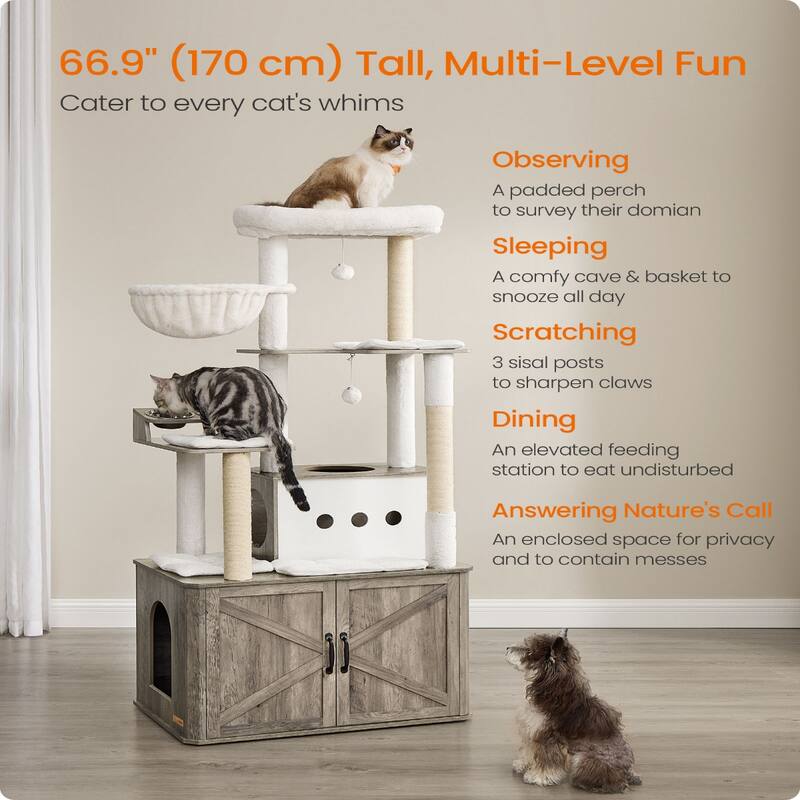 66.9-Inch Cat Tower with Litter Box Enclosure and Comfortable Removable Cushions