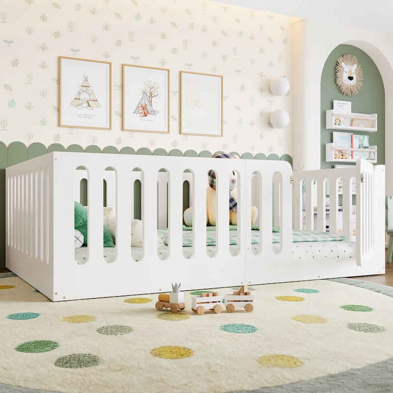 Full Size Floor Bed with High Fence for Kids, Solid Wood Kids Montessori Bed with Door, No Box Spring Needed Design