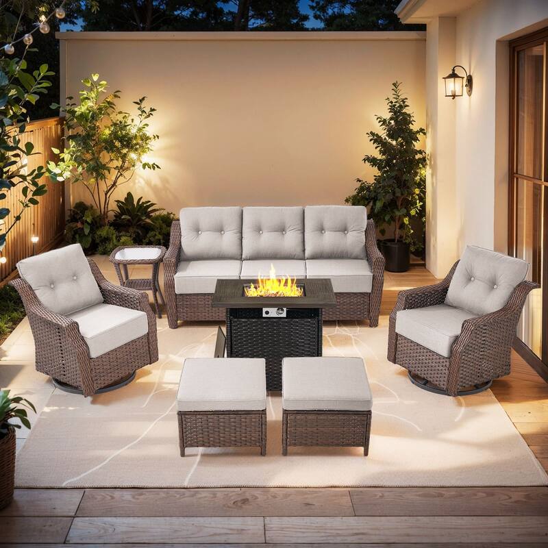 Outdoor Furniture Set with Propane Gas Fire Pit Table - Brown Wicker & Beige Cushion - 7-Piece Sofa Chair with Square Fire Table