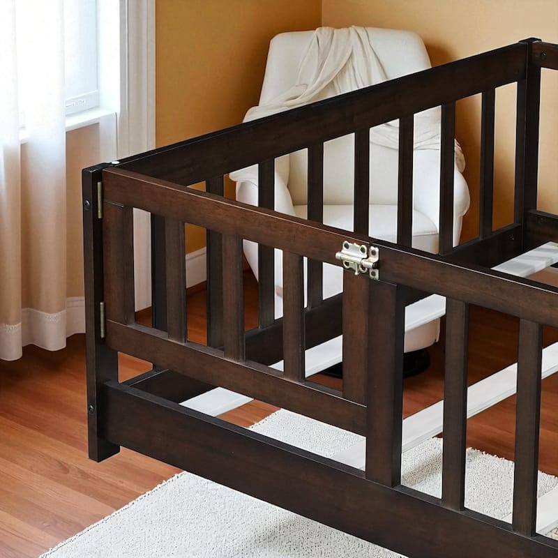 Twin Size Floor Bed with Fence and Door, Rubber Wood Frame with Safety Guardrails