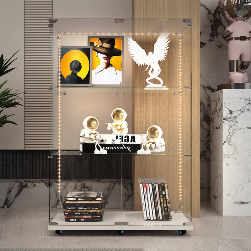 Tempered Glass Display Cabinet, File Cabinet, Tempered Glass Top, Bluetooth LED Light Strip, with Door Lock